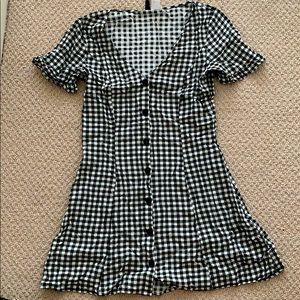 Black flirty mini gingham dress.